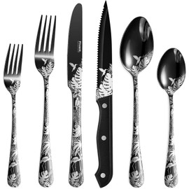 Fivent 24-Piece Black Jungle Silverware, Service for 4, Stainless Steel Flatware Set with Steak Knives, Mirror Polished Cutlery Set, Hand Wash Recommended