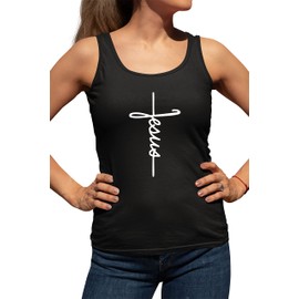 Go All Out Medium Black Womens Jesus Script Letters Cross Christian Racerback Tank Top T-Shirt
