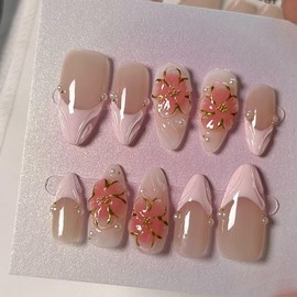Handmade 3D Medium Almond Press On Nails，French Pink Gel Fake Nails, Long Lasting Reusable False Nails for Women, Easy Application Salon Manicure Designs (10 Pieces）