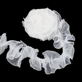 NICENEEDED 3 Yards White Organza Lace Ribbon, Pleated Gather Ruffle Edge Trim Satin, Sewing Edging Trimming Fabric with Pearl Beads for Applique Wedding Dress Embellishment