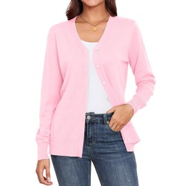 YGJIEGENG Cardigan for Women V-Neck Long Sleeve Open Front Ladies Cardigans Autumn Winter Knit Lightweight Sweater,Pink,XL