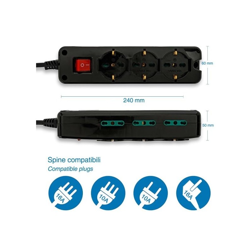 9-way power strip: 3 Schuko sockets + 6 two-value sockets