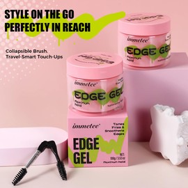 immetee Edge Gel, Frizz Control Strong Hold Hair Styling Gel with Edge Control Brush, Add Shine Flyaway Hair Tamer, Watermelon Flavor 100g.
