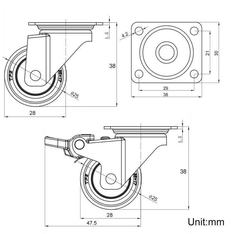 1" Small Caster Wheels Low Profile Casters for Furniture Soft