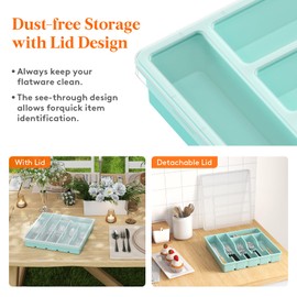 Lifewit Silverware Organizer with Lid, Covered Utensil Tray for Kitchen Drawer and Countertop, Plastic Cutlery and Flatware Storage Box for Spoons Forks Knives Holder Case, 6 Compartments, Turquoise