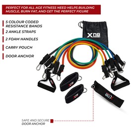Xn8 Resistance Bands With Handles Weight Exercise Stretch Bands Set With 5 Fitness Tubes Handles Ankle Straps, Carrying Pouch Set Up to 150lbs (Max 150lbs)
