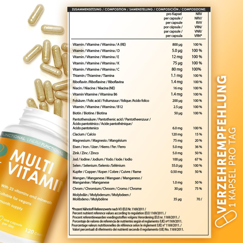 LINEAVI Multivitamin 120 Vegan Capsules (4 Month Supply), High Dose