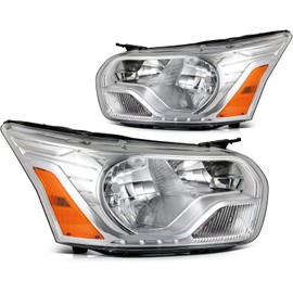 KILOAUTO Driver and Passenger Side Headlight Assembly fit for 2015-2019 for Ford Transit Chrome Housing Amber Reflector Headlights Assembly Pair Replacement CK4Z13008M FO2502357