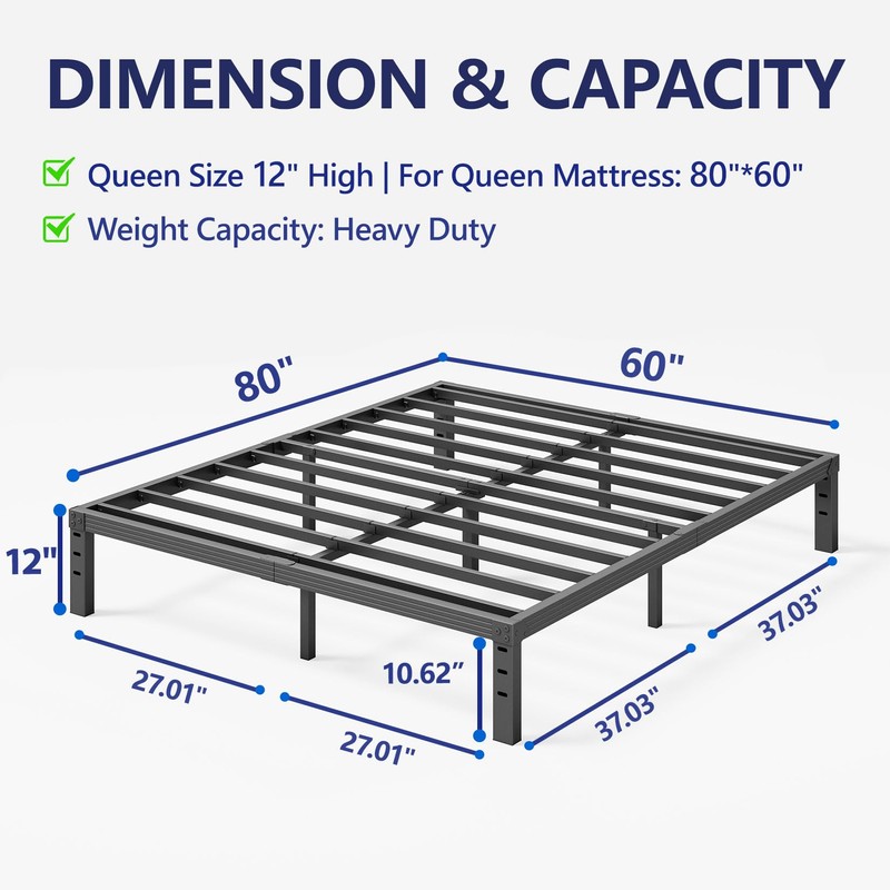 Furnitui 12 Inch High Metal Queen Bed Frame, Platform Bed