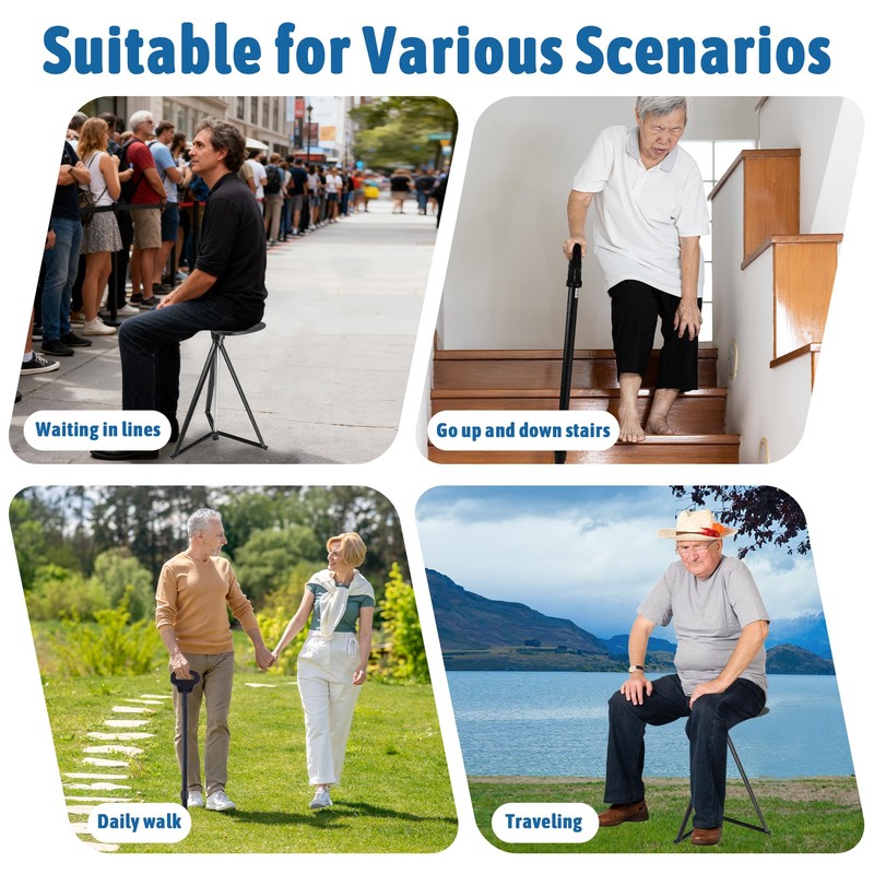 ALEVMOOM Walking Cane with Seat Folding Lightweight, 2-in-1 Cane Stool