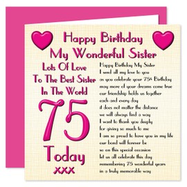 Sister 75th Happy Birthday Card - Lots Of Love To The Best Sister In The World - 75 Today