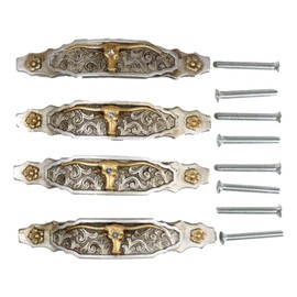 Ebros Gift 6" Wide Set of 4 Western Longhorn Cattle Bull Concho Sculpted Resin in Antiqued Silver Gold Finish Drawer Cabinet Pulls Door Furniture Bar Pull Knobs