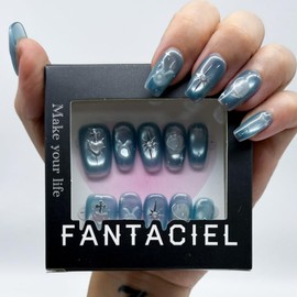 FANTACIEL 10 PCS Handemade Press On Nails Cat Eye Zodiac Design Reusable Square Fake Nails Taurus M
