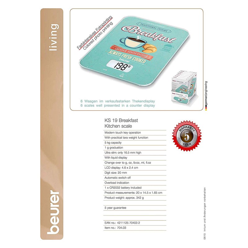 Beurer KS-19 Breakfast Digitale Küchenwaage digital Wägebereich (max.)=5 kg Mint,