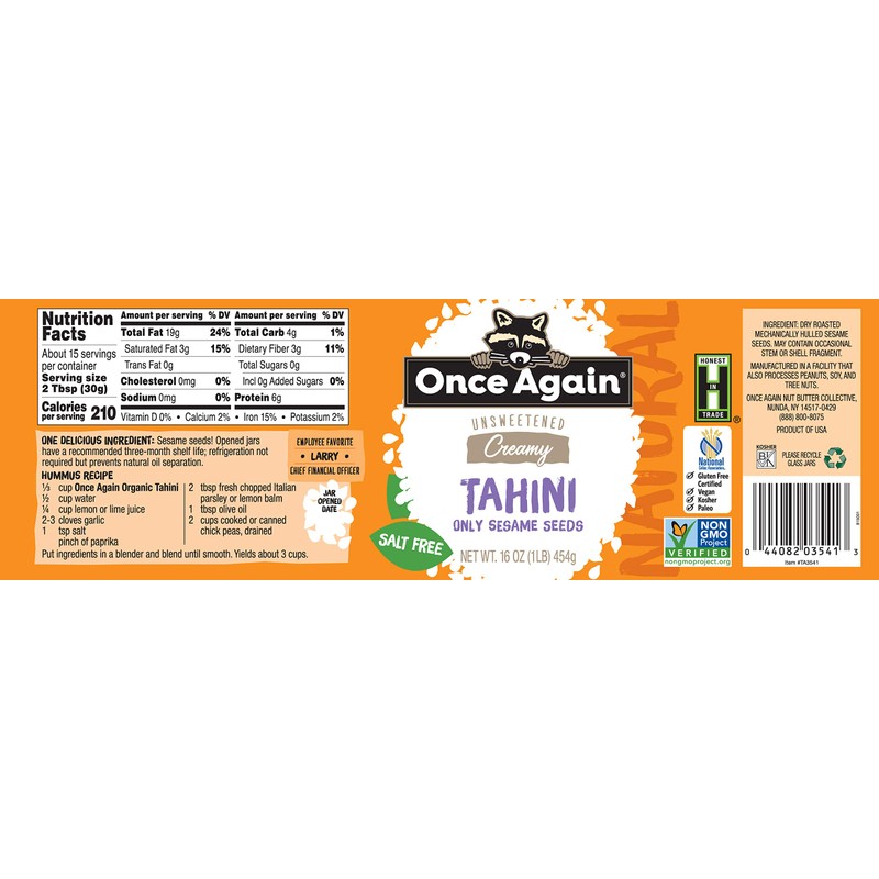 Once Again Natural Sesame Tahini - Salt Free, Unsweetened -