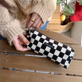 2025 New 2 Pack Cute Pencil Case, Aesthetic Soft Corduroy Fabric Preppy School Pencil Pouch, Zipper Small Special Fashion Cosmetic Makeup Pen bags for Teen Girls Kids Adults, Checkered Black & Green
