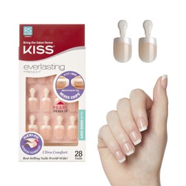 KISS Kiss Everlasting French Nail Manicure, Chip-Free, Flexi-Fit Technology, Real Short, "String of Pearls", Nail Kit with Pink Nail Glue (Net Wt. 2g / 0.07oz), Mini File, Manicure Stick, and 28 Fake Nails