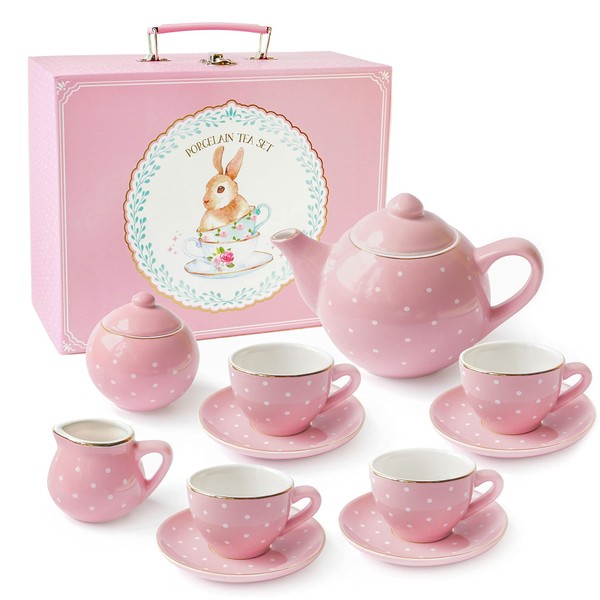 Jewelkeeper Porcelain Tea Set for Little Girls - Mini Ceramic Tea Cups Toy - Ideal for Kids Tea Party - Tea Glass Toys for Toddlers and Children Ages 3 Years Old - Tea Cup and Saucer Set (Pink)