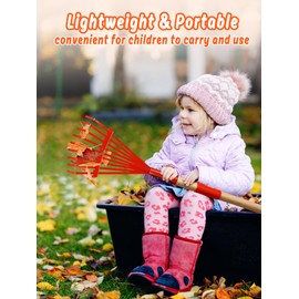 Kids Friendly Rakes for Leaves - 28" Child Size Small Rake with Durable Metal Head & Hardwood Handle, Real Lawn Garden Yard Tools for 3+ Years Kids Enjoy Helping Work Gifts (Red)