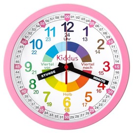 Kiddus Wall Clock for Children, Boys and Girls, Analogue Time Teacher with Time Learning Exercises, Easy to Read, Easy to Learn to Tell the Time, German pink