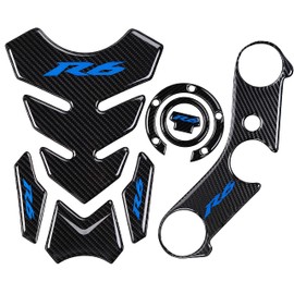 REVSOSTAR Real Carbon Fibre Gas Cap, Triple Tree Front End Upper, Top Clamp Decal Stickers, Tank Pad, Tank Protector for R6 600 2006-2016, 3 Pcs Per Set (Blue)