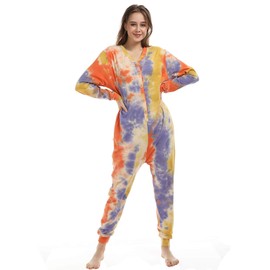 Lifeye Womens Onesie Pajamas Romper Sleepwear Set Tie Dye Long Sleeve Jumpsuit Homewear Union Suit with Drop Seat Butt Flap Purple Yellow S