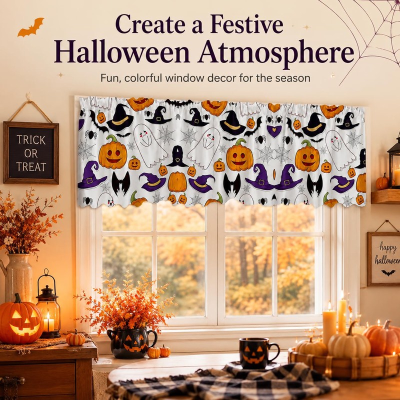 Halloween Window Valance Pumpkin Ghost Bat Kitchen Curtain 54x18
