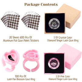 Lash Extension Kit, Eyelash Extension Supplies Kit, Diamond Shape Lash Glue Rings, Aluminum Foil Glue Pallet Sticker, Heart Shape Lash Fan Blossom Glue Rings, Set-C