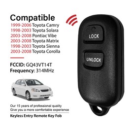 Keylessbest Key Fob Remote Replacement for 2006 2007 2008 Toyota Camry Solara Pontiac Vibe 3 Buttons 314MHz GQ43VT14T,Black