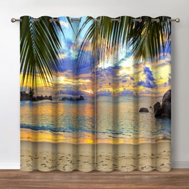 Jekeno Beach Sunset Blackout Curtains - Room Darkening Grommet Window Drapes Sunset Hawaiian Ocean Beachy Tropical Palm Tree Print Decor House Home Bedroom Living Room 2 Panel Set,52x63 in