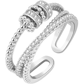 Fidget Ring, Anxiety Rings for Women Men, Spinner Ring with Beads, Stress Reliever Spinning Rings, Adjustable Open Ring, Fidget Jewelry for Women Girls (Silver 1)