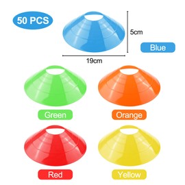 Fousenuk Pack of 50 Football Cones Set, Round Marker Cones with Stand, Sports Cones, Marking Discs, Football Cones for Hockey, Ice Skating, Handball, Coordination Training (5 Colours)