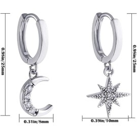 Star Moon Huggie Hoop Earrings S925 Silver Celestial huggie Dangle Hoop Earrings Asymmetrical CZ Drop Earrings