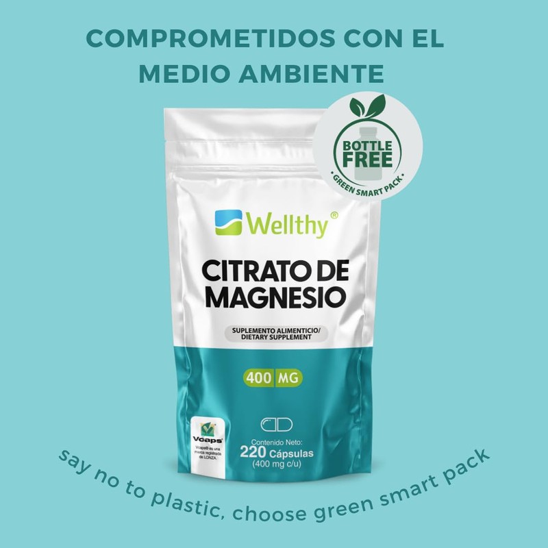 Wellthy Citrato de Magnesio Premium 120 Cápsulas 400mg. 100% Natural,