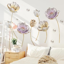 Runtoo Wall Tattoo Flowers Large Wall Sticker Lotus Flower Gold Wall Sticker Living Room Bedroom Children's Room Baby Room Hallway Wall Decoration