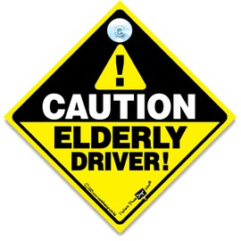 iwantthatsign.com Caution ELDERLY DRIVER Car Sign, Elderly Driver Please Be Patient Sign, Yellow And Black Suction Cup Car Sign for Old Drivers