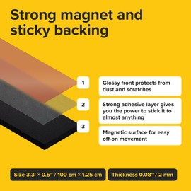 Flexible Magnetic Tape (3.3feet x 1/2 inch) - Magnetic Strip with Strong Self Adhesive - Ideal Magnetic Roll for Craft and DIY Projects - Sticky Magnets for Fridge and Dry Erase Board