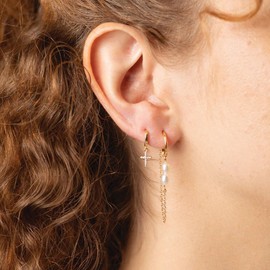 Earrings Hanging Silver/Gold Long Drop Earrings with Pearls for Women Hypoallergenic Drop Dangle Chain Gold-Plated Earrings, Yellow Gold