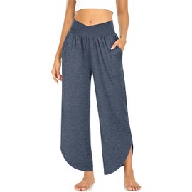 TARSE Womens Wide Leg Yoga Pants Cross High Waisted Capris Plus Size Palazzo Split Leg Trousers Casual Boho Flared Sweatpants with Pockets (HeatherNavy,XXL)