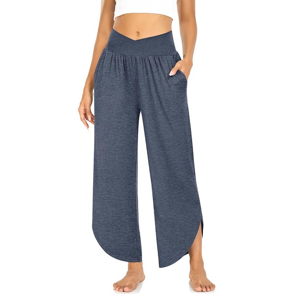 TARSE Womens Wide Leg Yoga Pants Cross High Waisted Capris