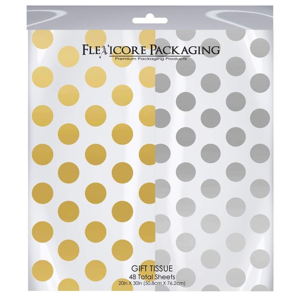 Flexicore Packaging Gold Polka Dots & Silver Polka Dot Gift Wrap Tissue Paper Size: 20 Inch X 30 Inch | Count: 48 Sheets | Color: Gold Polka Dots & Silver Polka Dots