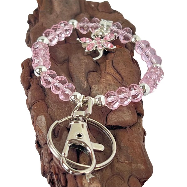 Dragonfly Keychain Bracelet - Pink Crystal Keychain - Dragonfly Jewelry