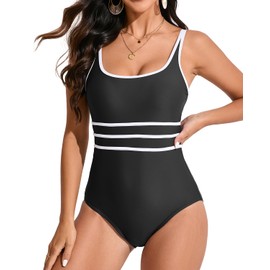 VECENEY One Piece Bathing Suit for Women High Waisted Color Block Swimsuits Adjustable Strap Swimming Suit Black M