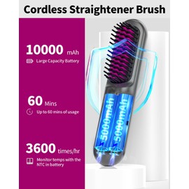 Cordless Hair Straightener Brush Electric Hair Straightening Comb Rechargeable 10000mAh Battery Powered Portable Hair Straightener Ionic Thermal Wireless Hot Hair Brush Heat Comb (Grey)