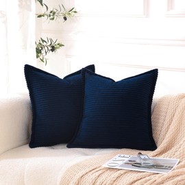 Linecooo Corduroy Navy Throw Pillow Covers Set of 2 Striped Boho Decorative with Edge Design,Super Soft Throw Pillow Cushion Covers for Couch Sofa Living Room Solid Square 16×16inch/40cm×40cm