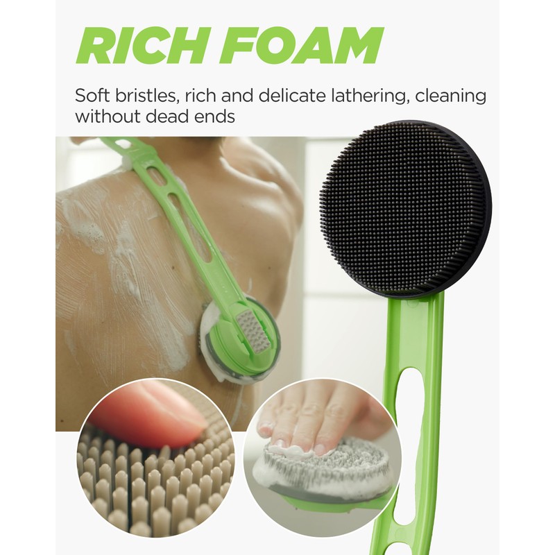 DOWMI シリコンボディスクラバー – 19インチ折りたたみ式ロングカーブハンドル 究極のリーチと快適性 – バックシャワースクラブブラシ – 衛生的で丈夫なソフトシリコンで敏感肌用