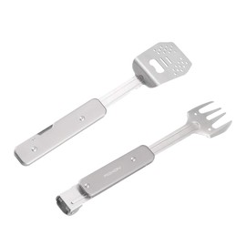 ROXON 4 in 1 Compact Mini BBQ Barbecue Combo Tool Set with Spatula, Fork, Tongs and Bottle Opener for Hiking Camping (Grey)