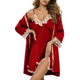 SAPJON Womens Pajama Sets 5PCS Silk Pajamas for women Cute Sleepwear Loungewear Satin Pajamas Sets for Women Soft Wine Red