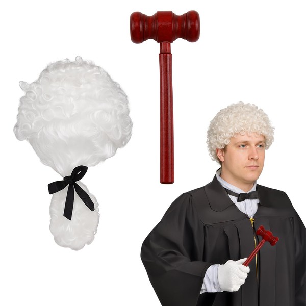 2 Pcs Judge Costume Accessories, Judge Wig with Mini Wooden