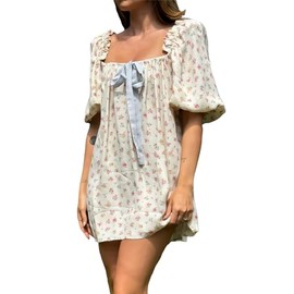 hibshaby Women's Babydoll Short Dress Puff Sleeve Cute Tie Mini Dress Floral Sundress